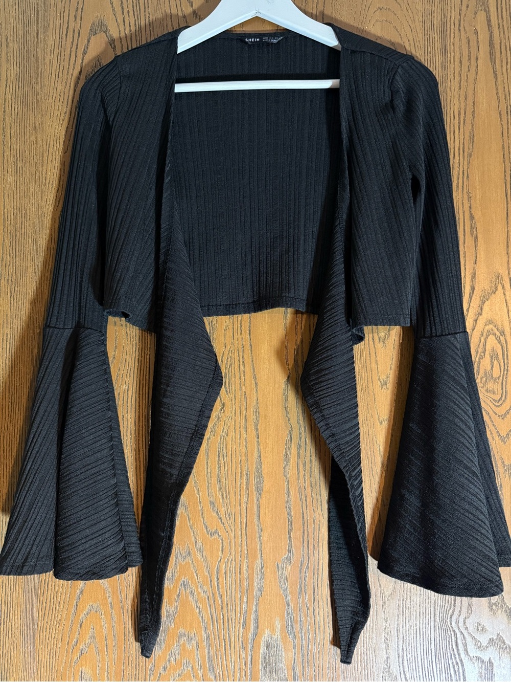 SHEIN Black Ribbed Tied Top with Bell Sleeves